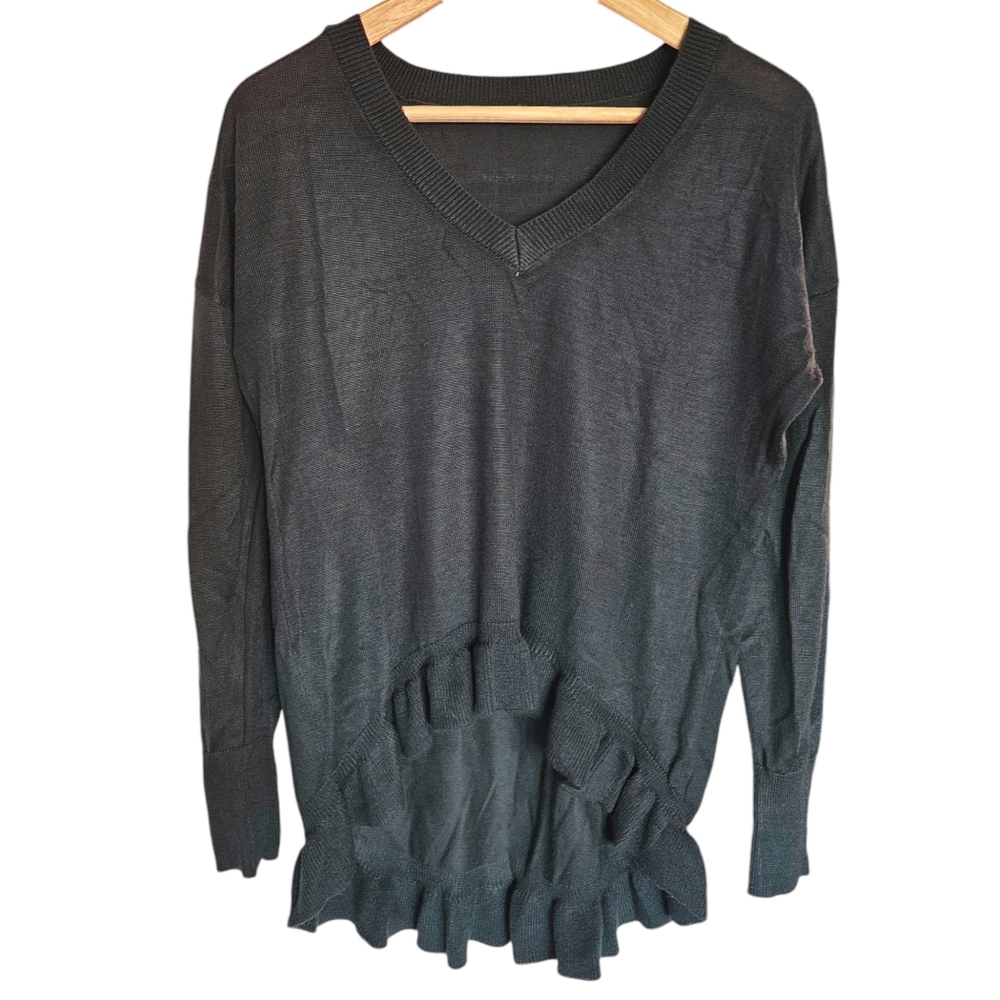 Poof dark green high-low ruffle hem long sleeve knit top